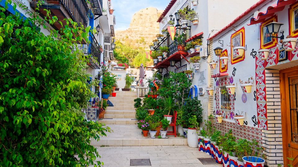 Alicante, bunte und mit Blumen geschmückte Gasse