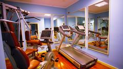 Fitnessbereich Hotel Arciduca ©michelangelo int travel, momento Kompakt ausgestatteter Fitnessraum mit Laufband, Ergometer, Kraftstation und großen Spiegeln – moderne Geräte auf glänzendem Holzfußboden in freundlicher Atmosphäre.